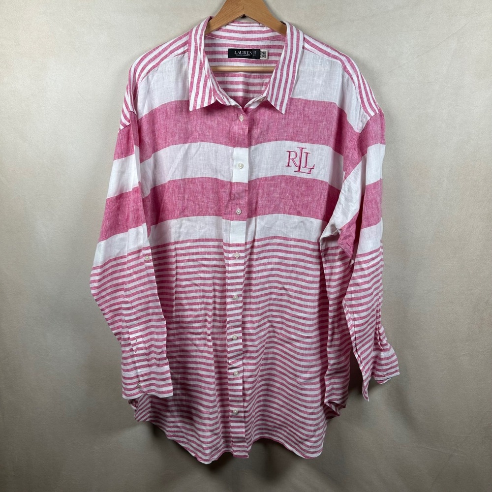Lauren Ralph Lauren 3X Pink Striped Oversize Linen Shirt LRL Logo Plus Size